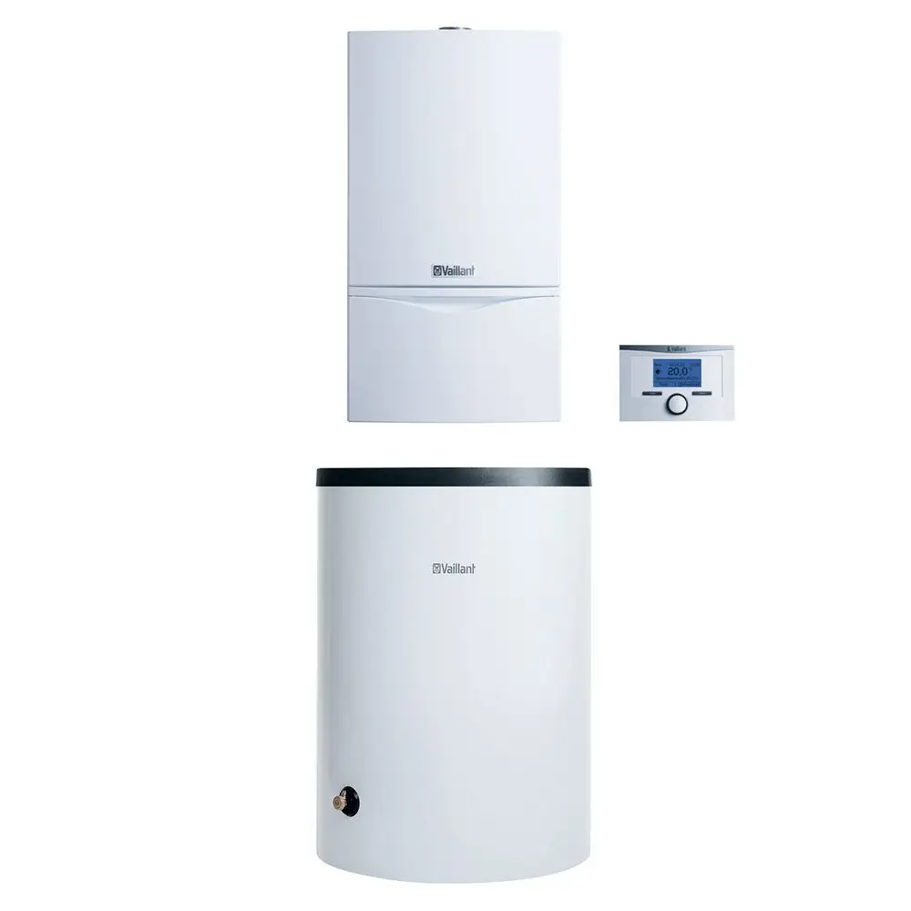 Vaillant Heizungssystem bestehend aus einem weißen Wandgerät und einem weißen Pufferspeicher, begleitet von einem digitalen Thermostat zur Temperaturregelung.